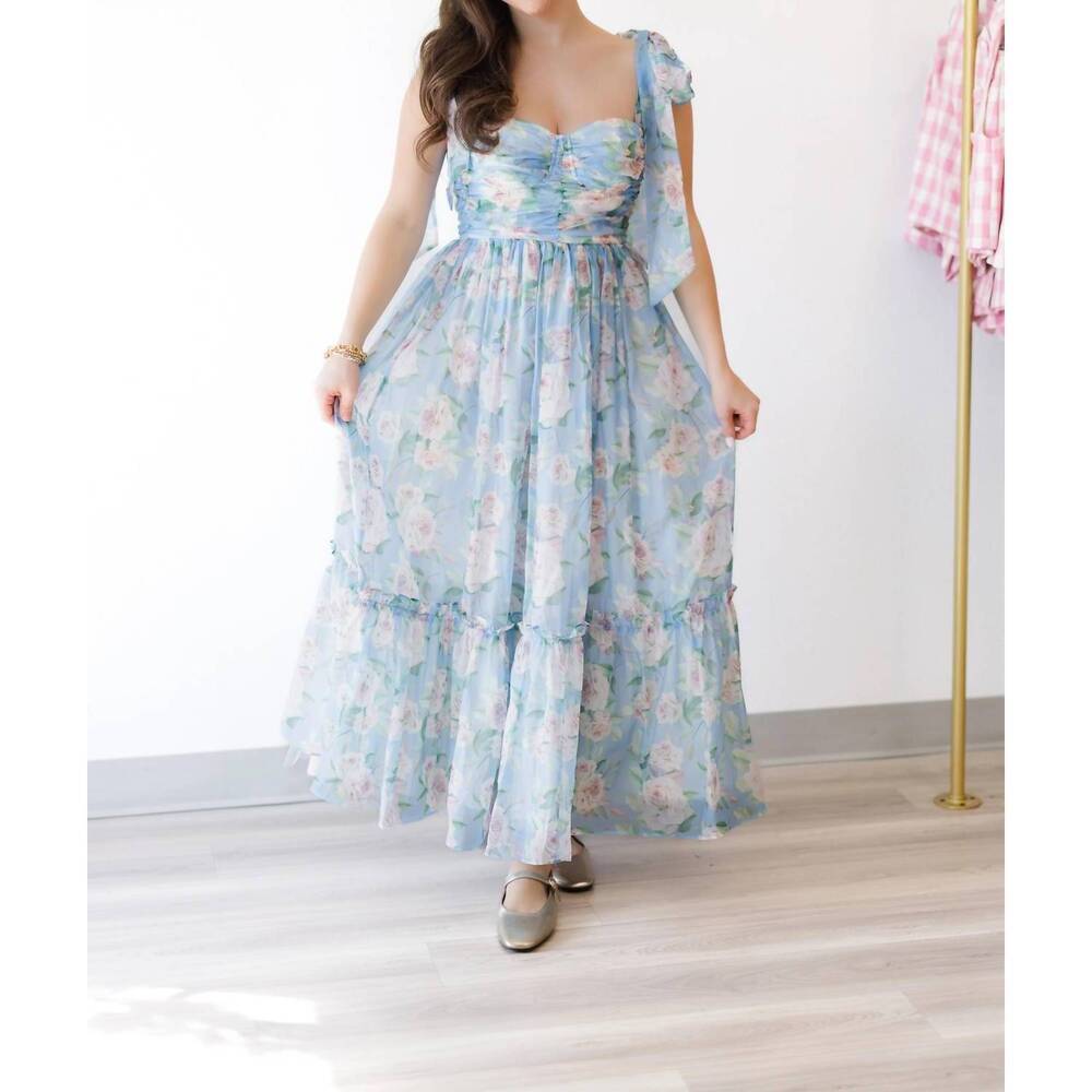 NEW MABLE organza ruched tiered midi dress in blue